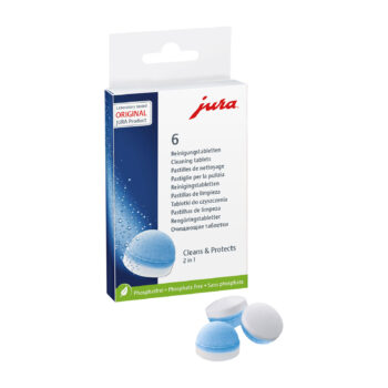 Boîte de pastilles de nettoyage JURA sans phosphate avec illustration et 3 pastilles visibles