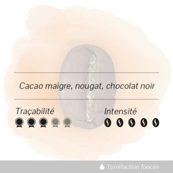 notes de cacao maigre, nougat, chocolat noir, traçabilité 3/5, intensité 5/5