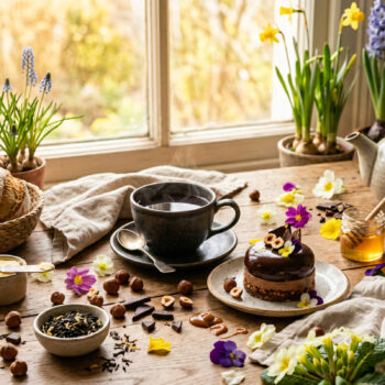 Tasse de thé fumante aux arômes de chocolat et noisette, accompagnée d'un petit gâteau au chocolat, de noisettes, de morceaux de chocolat et d'un pot de miel, sur une table en bois avec des fleurs printanières.