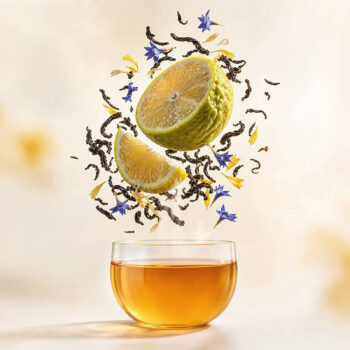 Moitié de citron vert et une tranche flottant avec des feuilles de thé noir et des fleurs bleues et jaunes, au-dessus d'une tasse de thé ambré