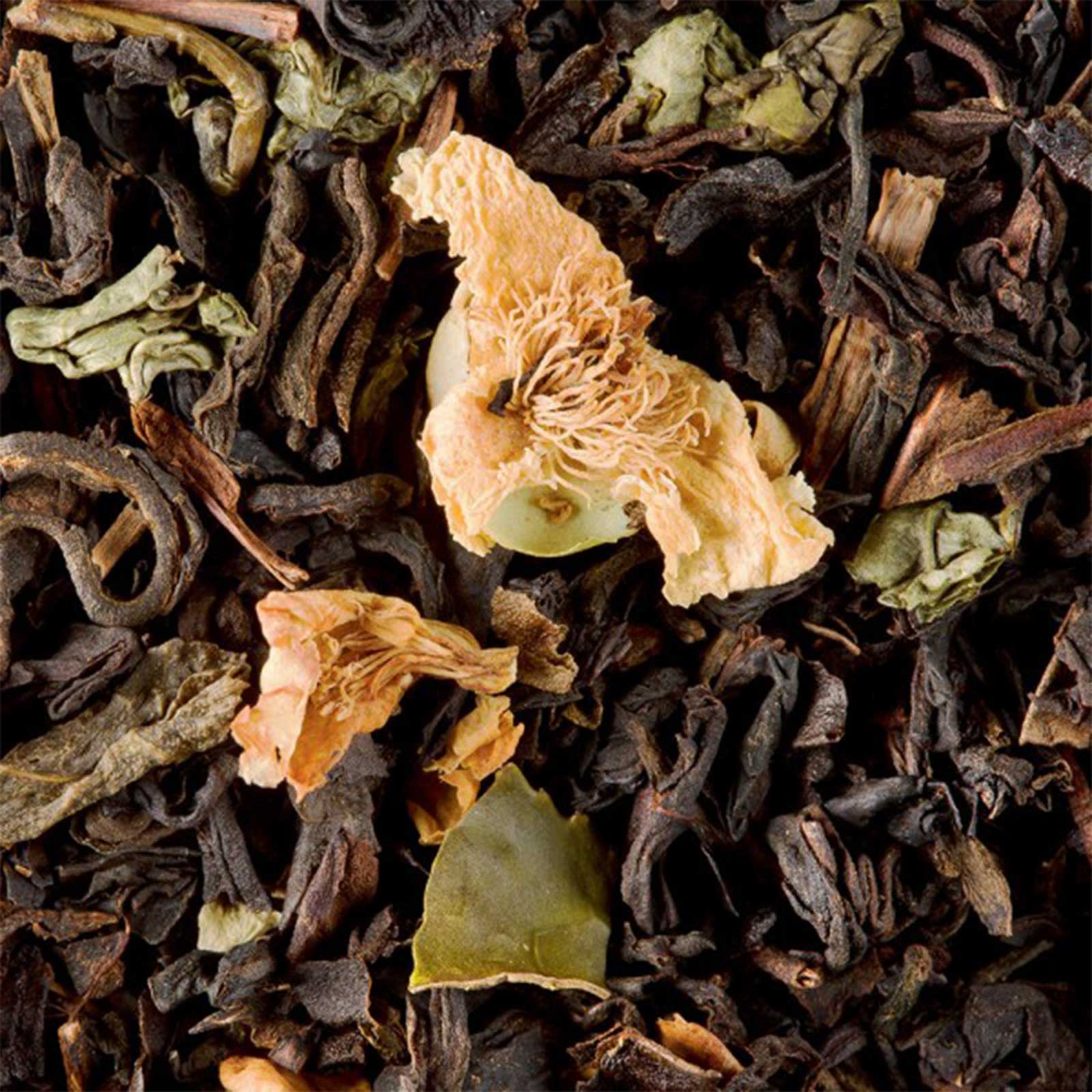 Recharge Dammann Frères Oolong Châtaigne 50g, mélange de feuilles sombres torsadées avec des feuilles vertes et deux fleurs séchées jaunes pâles
