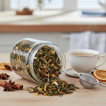 Bocal en verre renversé sur une table en bois, libérant un mélange de thé vert, d'écorces d'orange séchées et d'épices comme la cannelle et l'anis étoilé. Une tasse de thé fumante est visible à droite.