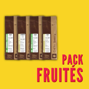 Pack de quatre cafés de spécialité Cafés Querry aux origines variées : Éthiopie Gomma Forest, Goût Suisse, Éthiopie Yirgacheffe Gedeb, et Kenya Maasaï.