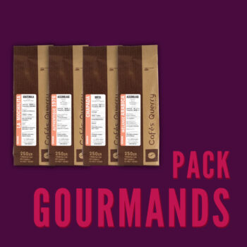 Pack de cafés gourmands Cafés Querry, comprenant cinq sachets de 250 g chacun : La Mochilita (Guatemala), Authentique 1976 (assemblage), Chapada (Brésil), Mélange Arabica et un autre assemblage. Emballage en papier kraft brun avec étiquettes blanches détaillant les arômes et profils de torréfaction.