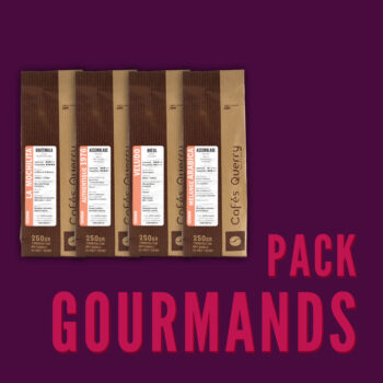Pack de quatre paquets de café 250g de Cafés Querry : Guatemala, Authentique 1976, Brésil et Mélange Arabica, avec le texte 'PACK GOURMANDS'