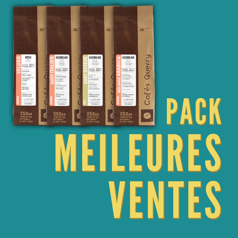 Pack de 4 cafés Cafés Querry 250g, affichant 'Pack Meilleures Ventes' avec des paquets de café aux étiquettes variées : Brésil Veludo, Goût Italien, Goût Suisse, Mélange Arabica