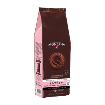 Sachet de chocolat en poudre Monbana 1kg, lacté 4 étoiles, packaging marron, 32% cacao, fabriqué en France