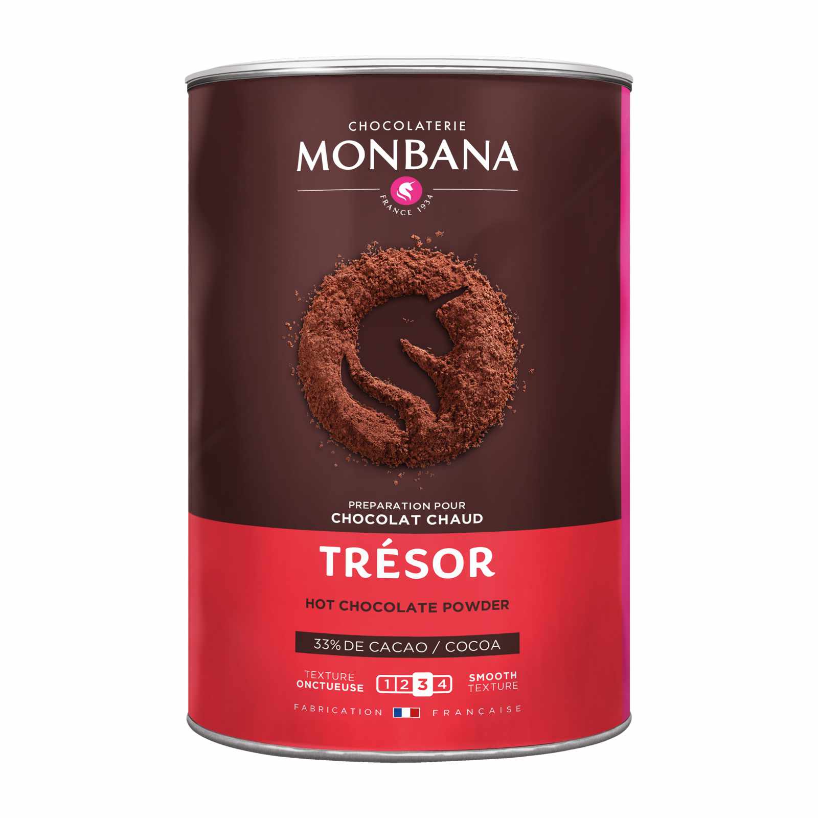 Boîte métallique de préparation pour chocolat chaud Monbana Trésor, avec 33% de cacao et texture onctueuse
