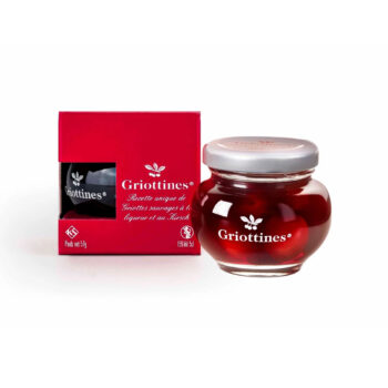 Coffret rouge Griottines avec pot en verre rempli de cerises au sirop ambré, saveur raffinée