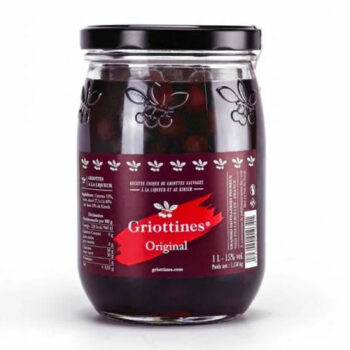 Authentiques Griottines 1 litre Peureux en pot de verre transparent, griottes rouges dans liqueur et kirsch