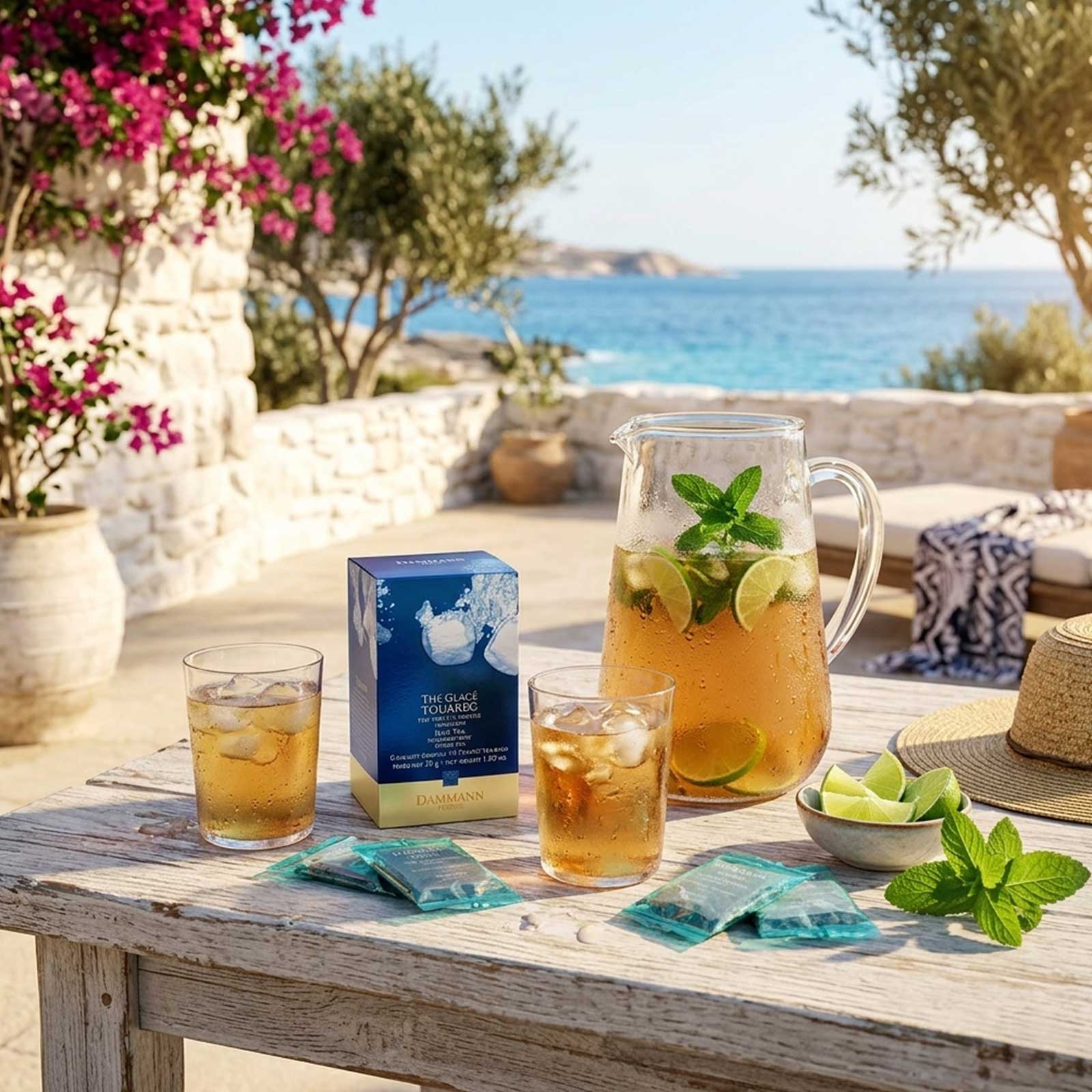 Carafe de thé glacé à la menthe avec des rondelles de citron et des feuilles de menthe, accompagnée de deux verres, de sachets de thé Dammann Frères et d'une boîte "The Glace Touareg" sur une table en bois avec la mer en arrière-plan.