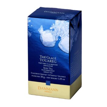 Boîte de thé glacé Dammann Frères Touareg, thé vert à la menthe aromatisé, avec des glaçons et des éclaboussures d'eau