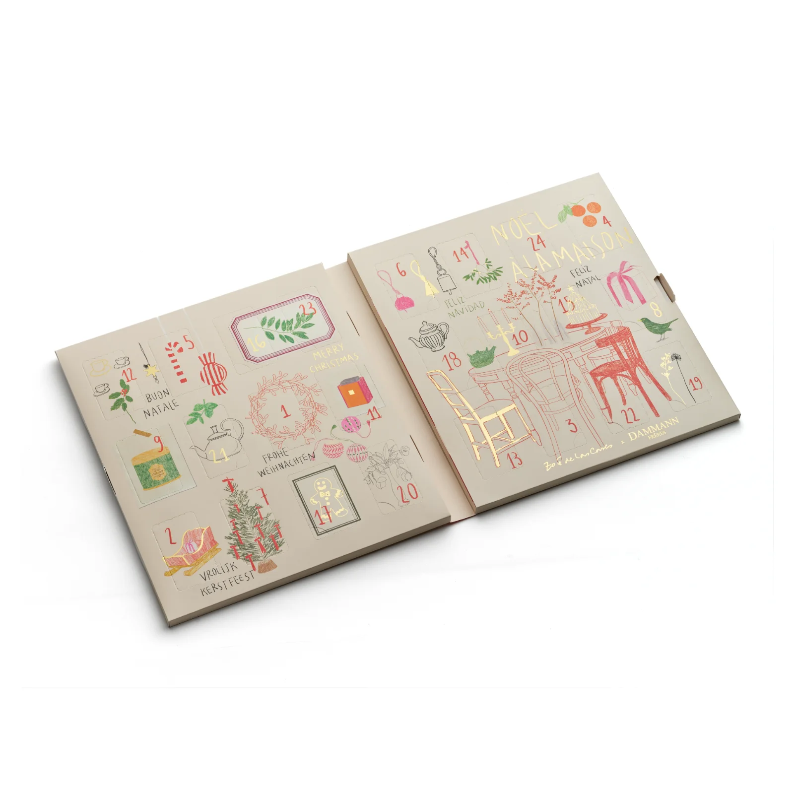 Calendrier de l'Avent Dammann Frères ouvert avec ses vingt-quatre cases numérotées, illustré de motifs festifs dorés et colorés sur fond beige