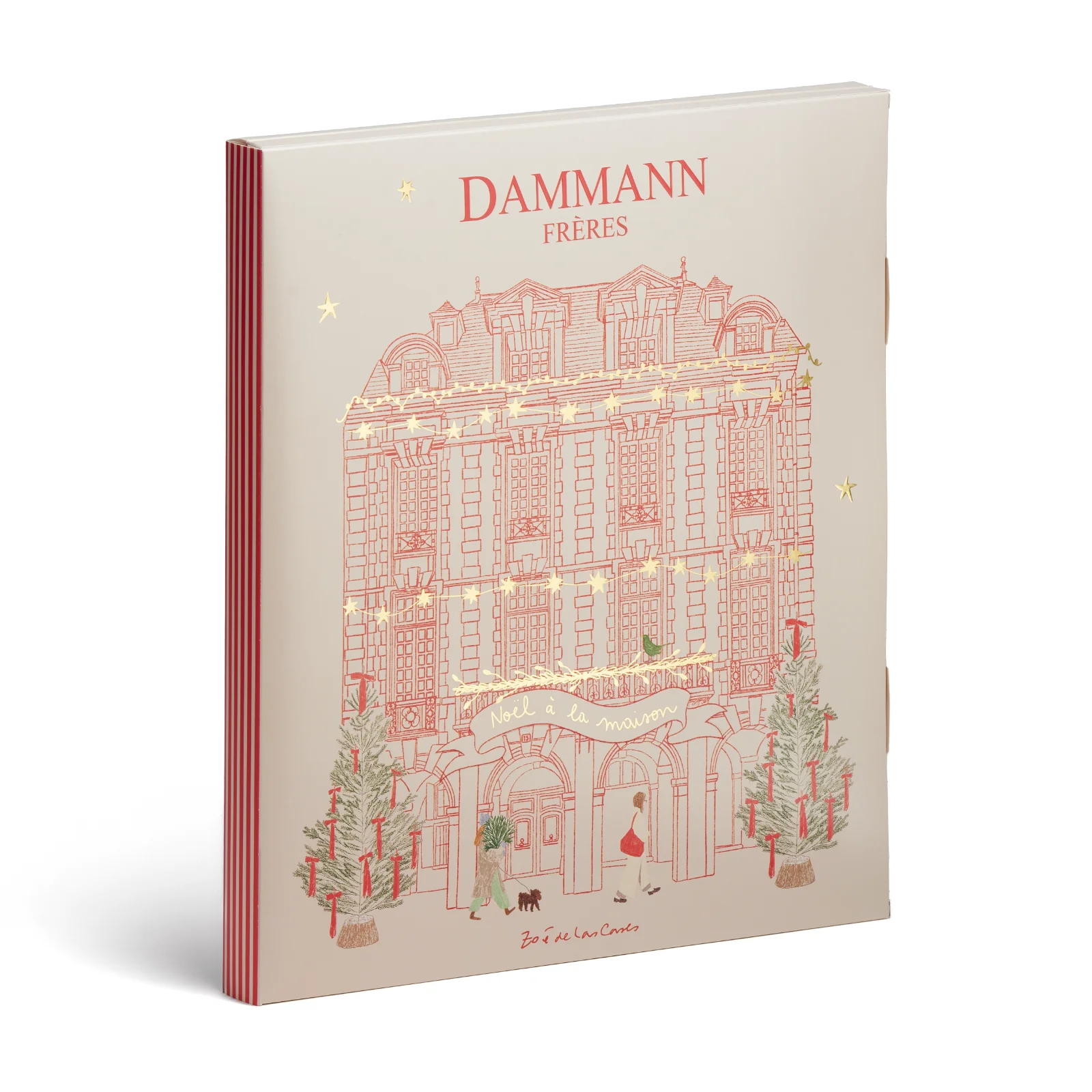 Calendrier de l'Avent Dammann Frères illustré par une maison parisienne décorée de guirlandes dorées et de sapins de Noël