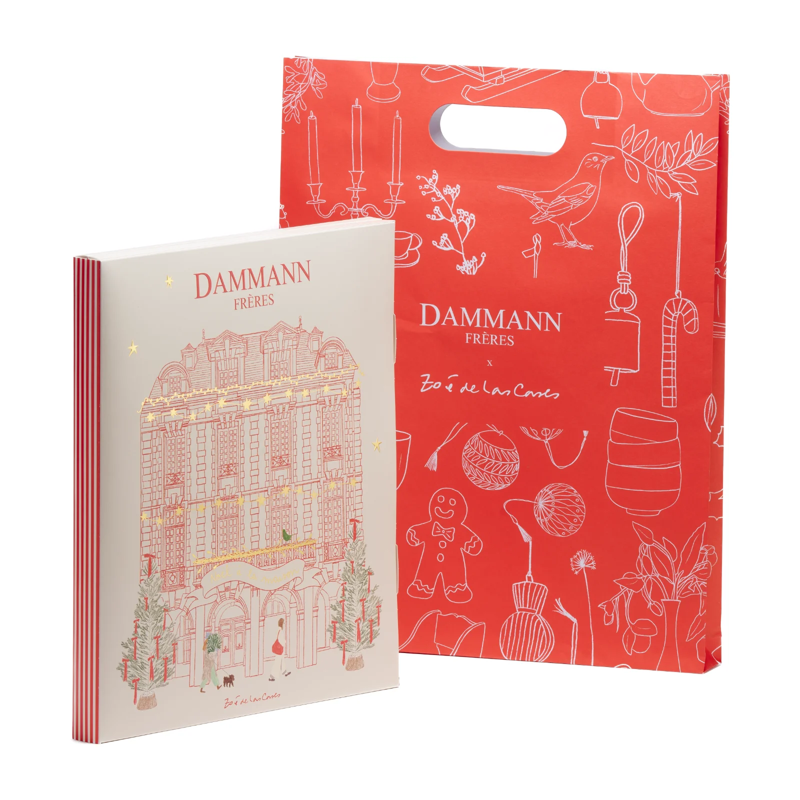 Calendrier de l'Avent Dammann Frères avec son sac cadeau rouge illustré par Zoé de Las Cases représentant un immeuble haussmannien festif
