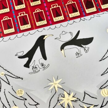 Calendrier de l'Avent Dammann Frères 2025 avec illustration de pingouins et de théière, design féerique sur fond rouge festif