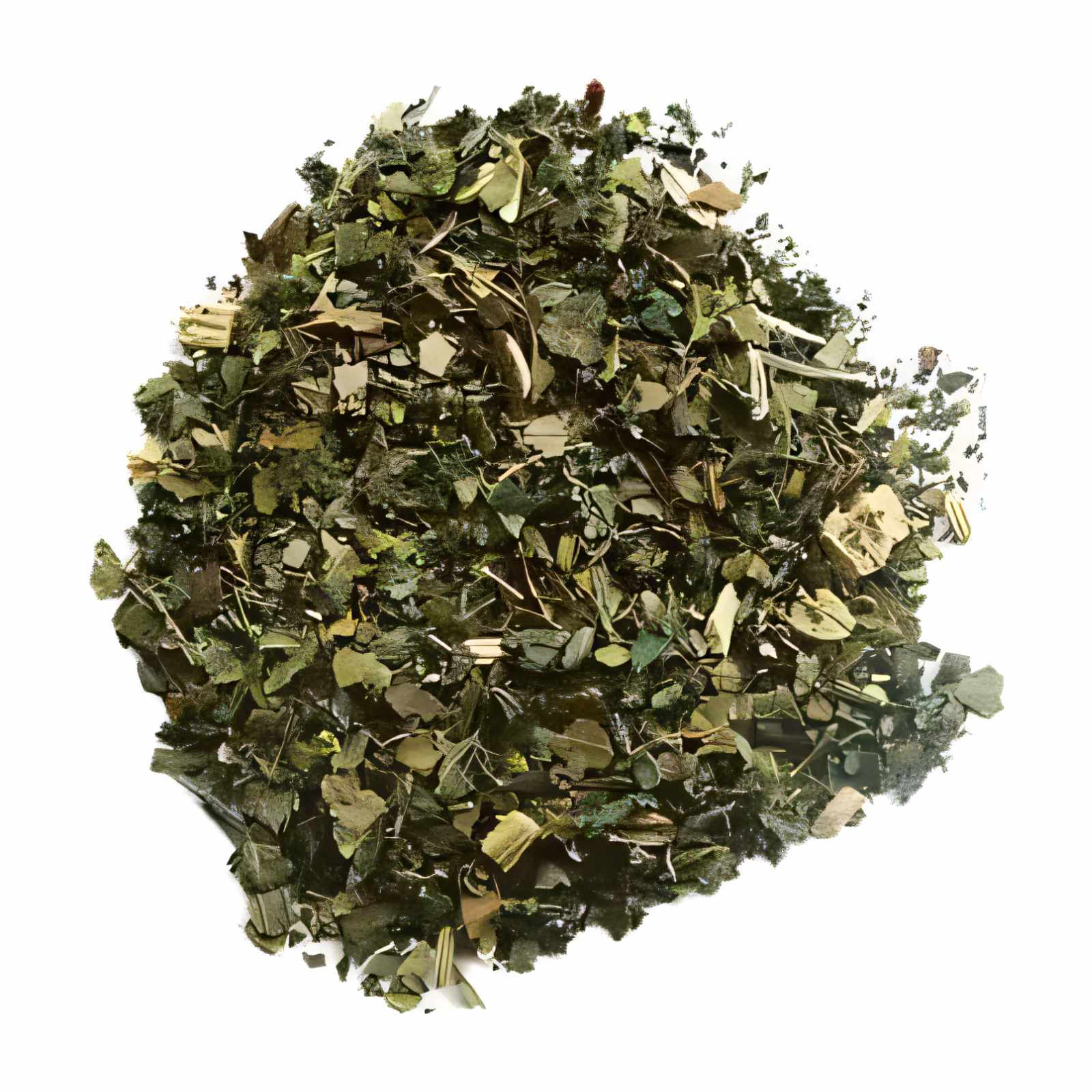 Mélange de feuilles vertes séchées pour infusion Juicea Detox, incluant menthe, ortie et maté