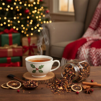 Tasse de thé fumante avec des motifs de houx, entourée d'ingrédients pour infusion bio Glogg, avec un sapin de Noël décoré et des cadeaux en arrière-plan