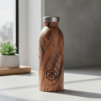 Bouteille isotherme 24Bottles style bois Sequoia, bouchon argenté, pour garder vos boissons 12h chaudes ou 24h froides
