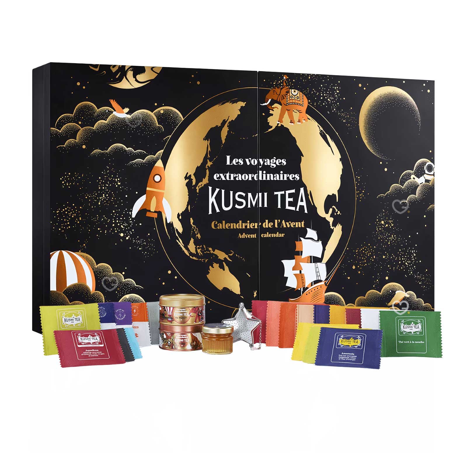 Calendrier de l'Avent Kusmi Tea BIO 2025, illustration cosmique avec globe, fusée et voilier, entouré de sachets de thé et boîtes