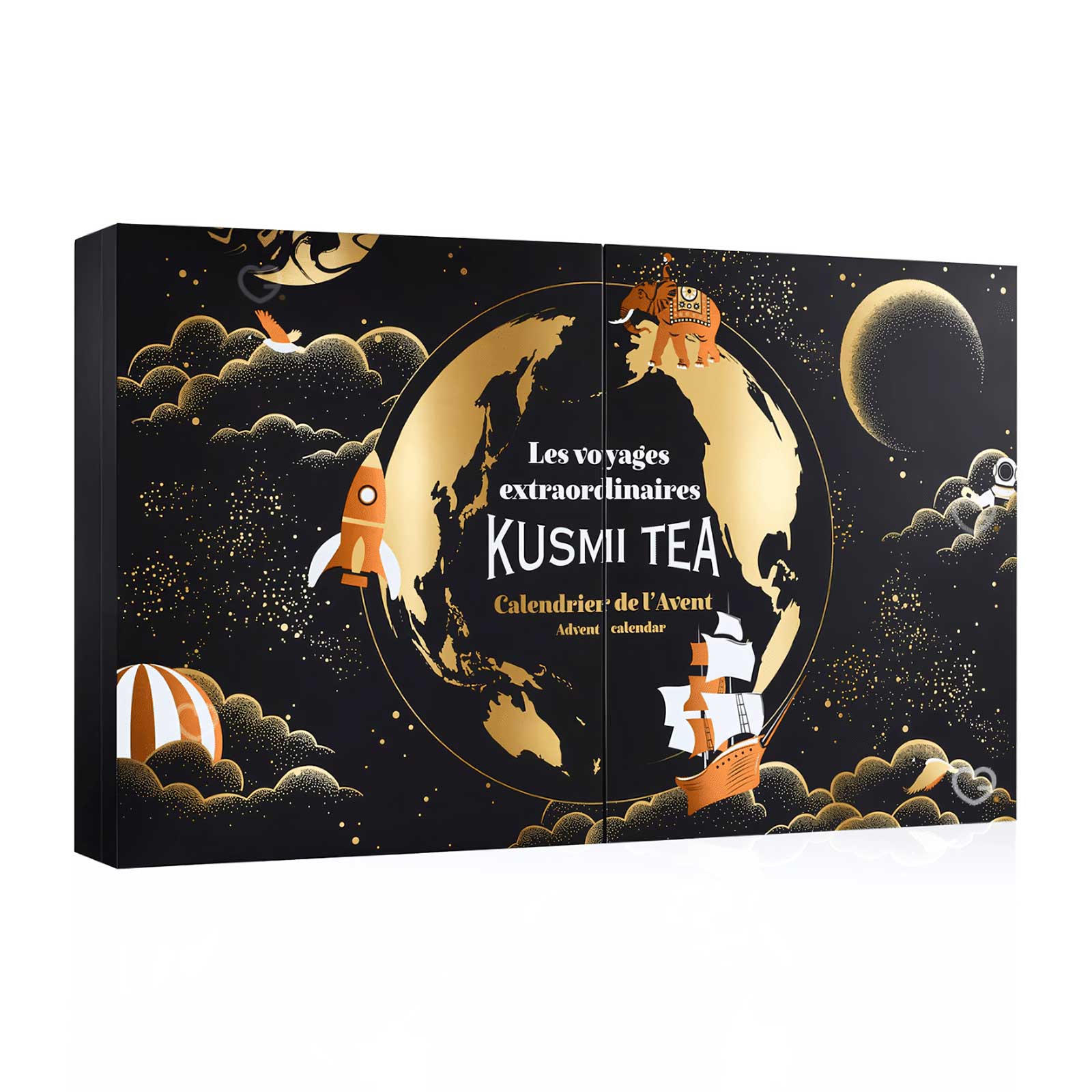 Calendrier de l'Avent Kusmi Tea noir avec illustration dorée d'un globe terrestre, fusée, éléphant et bateau, thème voyage extraordinaire