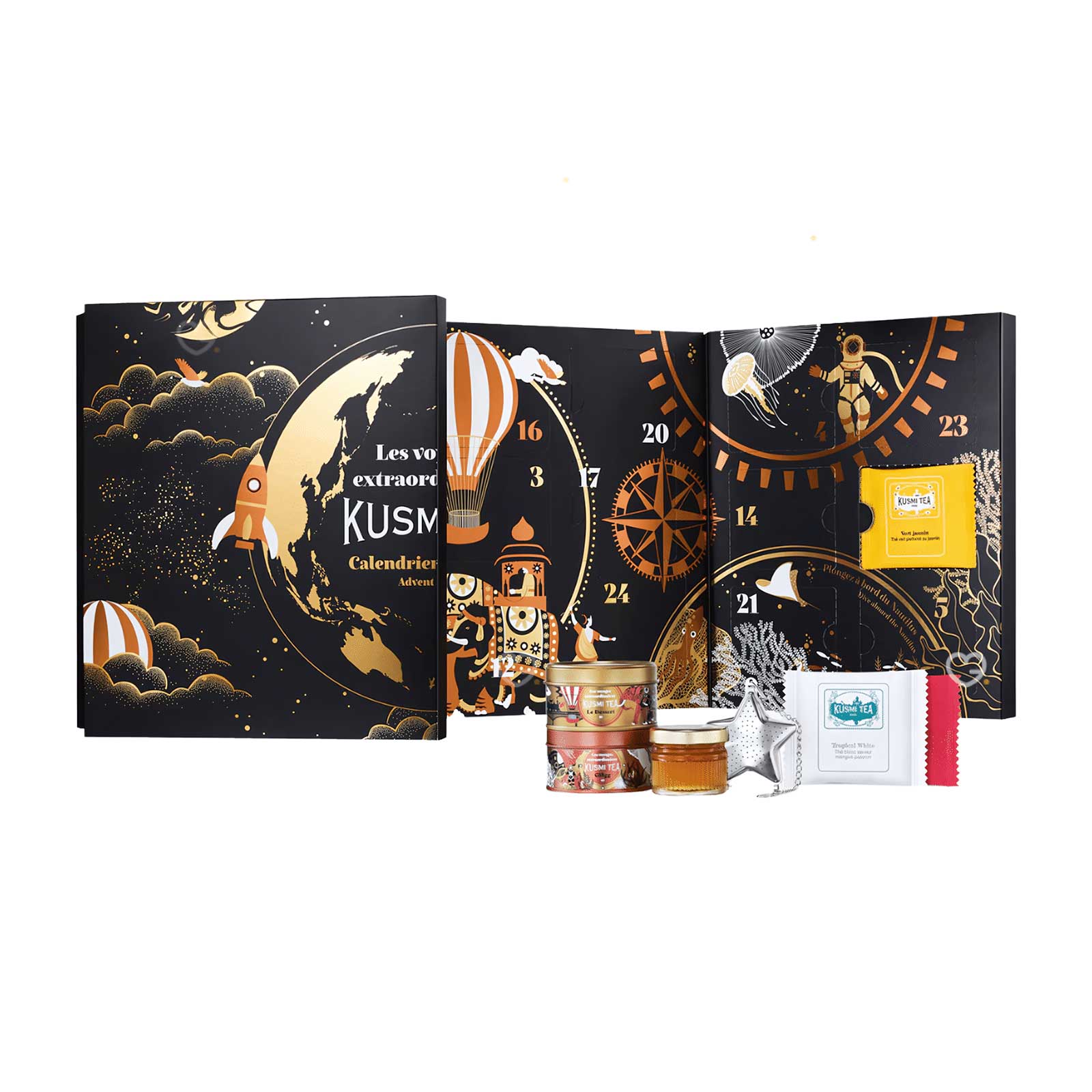 Calendrier de l'Avent Kusmi Tea BIO 2025 ouvert, dévoilant un design cosmique et des compartiments numérotés. Contient des miniatures de thé, un infuseur étoile et une spécialité à tartiner.