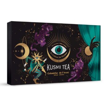Coffret calendrier de l'Avent Kusmi Tea, noir et doré, décor mystique avec œil central, lune étoilée et tigres violets
