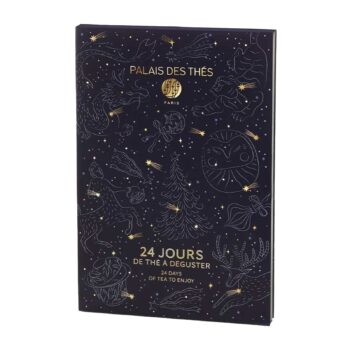 Coffret calendrier de l’Avent Palais des Thés 2026, en forme de livre bleu nuit aux motifs célestes dorés