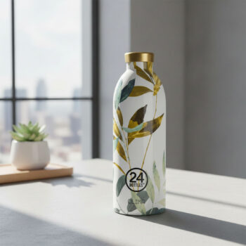 Bouteille isotherme 24Bottles Tivoli 500ml avec un motif végétal doré, vert et bleu sur fond blanc et bouchon doré