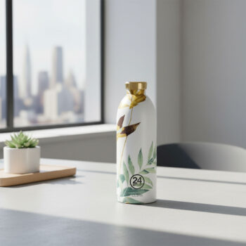 Bouteille isotherme 24Bottles motif végétal Tivoli, avec bouchon doré, sur une table avec un petit pot de plante verte.