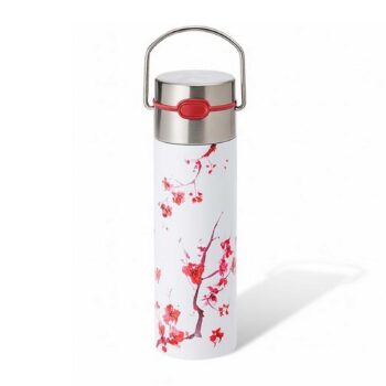 Théière nomade isotherme Eigenart LEEZA Cherry Blossom blanche avec motif de fleurs de cerisier roses et rouges, anse métallique et bouchon rouge