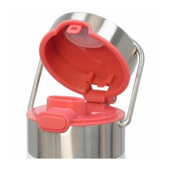 Couvercle ouvert d'une théière isotherme Eigenart Leeza Cherry Blossom en inox, avec détails en plastique rose corail