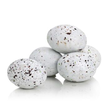Oeufs de mouette blancs mouchetés de brun, fourrés au praliné, présentés en tas sur fond blanc