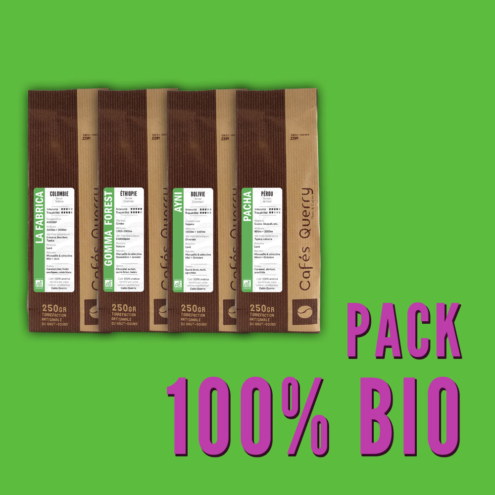 Pack de 4 cafés bio 250g : Colombie Fabrica, Ethiopie Bonga Forest, Bolivie Ayni, Pérou Pacha, avec mention 100% Bio