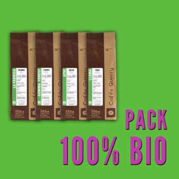 Pack de 4 cafés bio Cafés Querry de 250g : Colombie Fabrica, Éthiopie Gomma Forest, Bolivie Ayni, Pérou Llama, avec la mention 'PACK 100% BIO'