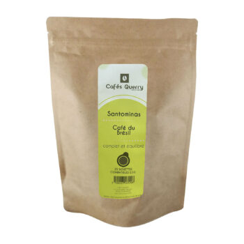 Sachet de café Cafés Querry en papier kraft, étiquette verte indiquant Café du Brésil Santominas et 25 dosettes E.S.E. pour un café équilibré