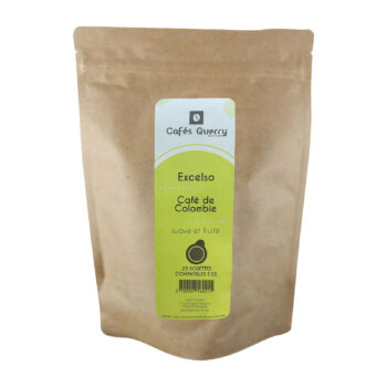 Sachet kraft de 25 dosettes Cafés Querry Colombie Excelso, café suave et fruité, sur fond blanc