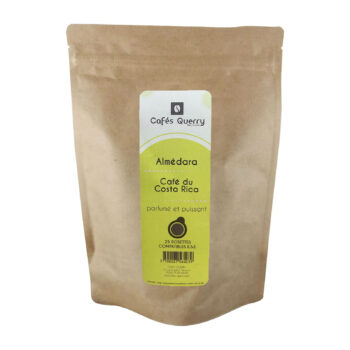 Sachet doypack en papier kraft naturel pour 25 dosettes ESE Cafés Querry Costa Rica, étiquette vert anis 'parfumé et puissant'