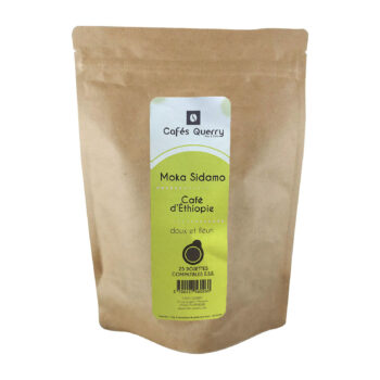 Boîte en carton brut des 50 dosettes ESE Cafés Querry Éthiopie Moka Sidamo avec bandeau vert vif