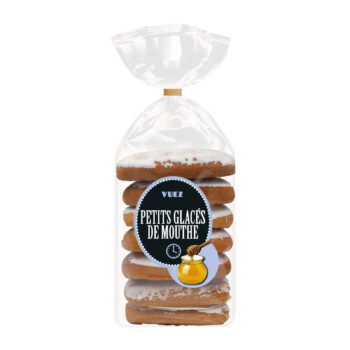 Sachet transparent de Petits Glacés de Mouthe VUEZ, biscuits pain d'épices ovales à glaçage blanc