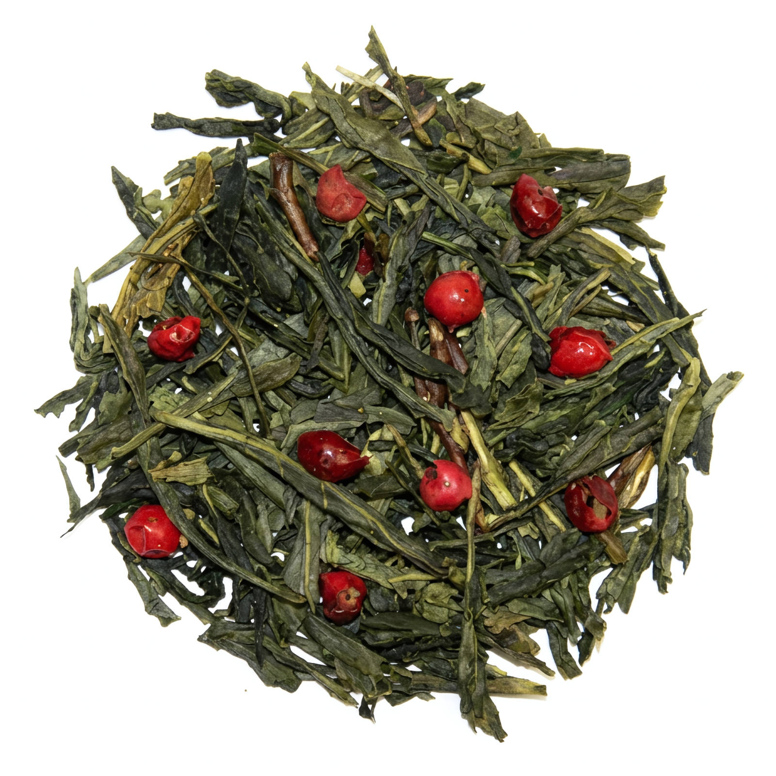 Thé vert Sencha parsemé de baies de poivre rose, évoquant la fraise et le champagne