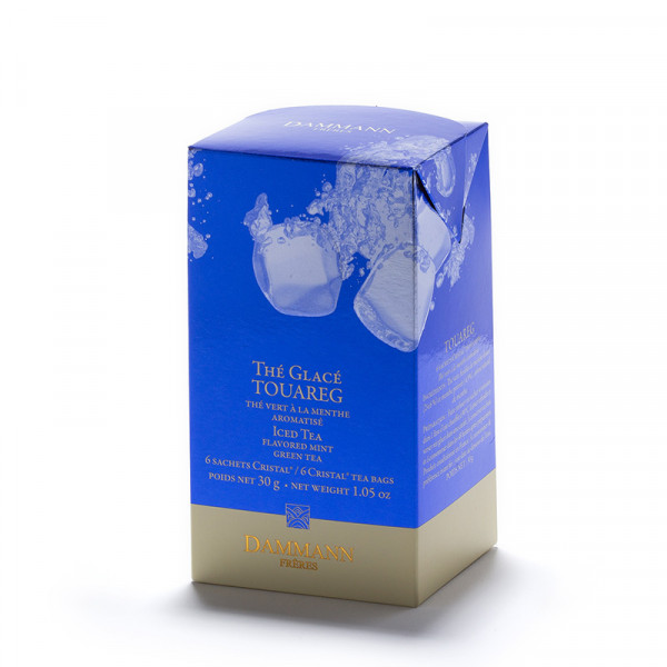 Boîte de thé glacé Dammann Frères Menthe Touareg 30g, design bleu profond avec glaçons et éclaboussures d'eau