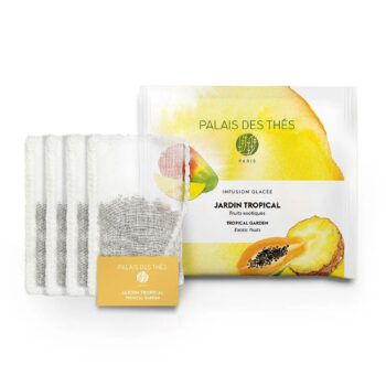 Sachets berlingot Palais Des Thés Jardin Tropical pour infusion glacée, emballage à motifs de fruits exotiques