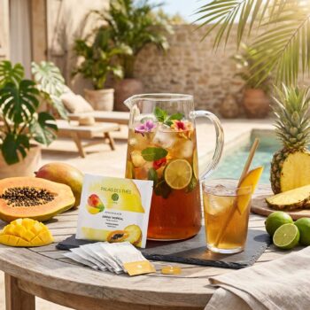 Pichet et verre de thé glacé Jardin Tropical avec des fruits frais (mangue, papaye, ananas, citrons verts) et des sachets de thé Palais des Thés
