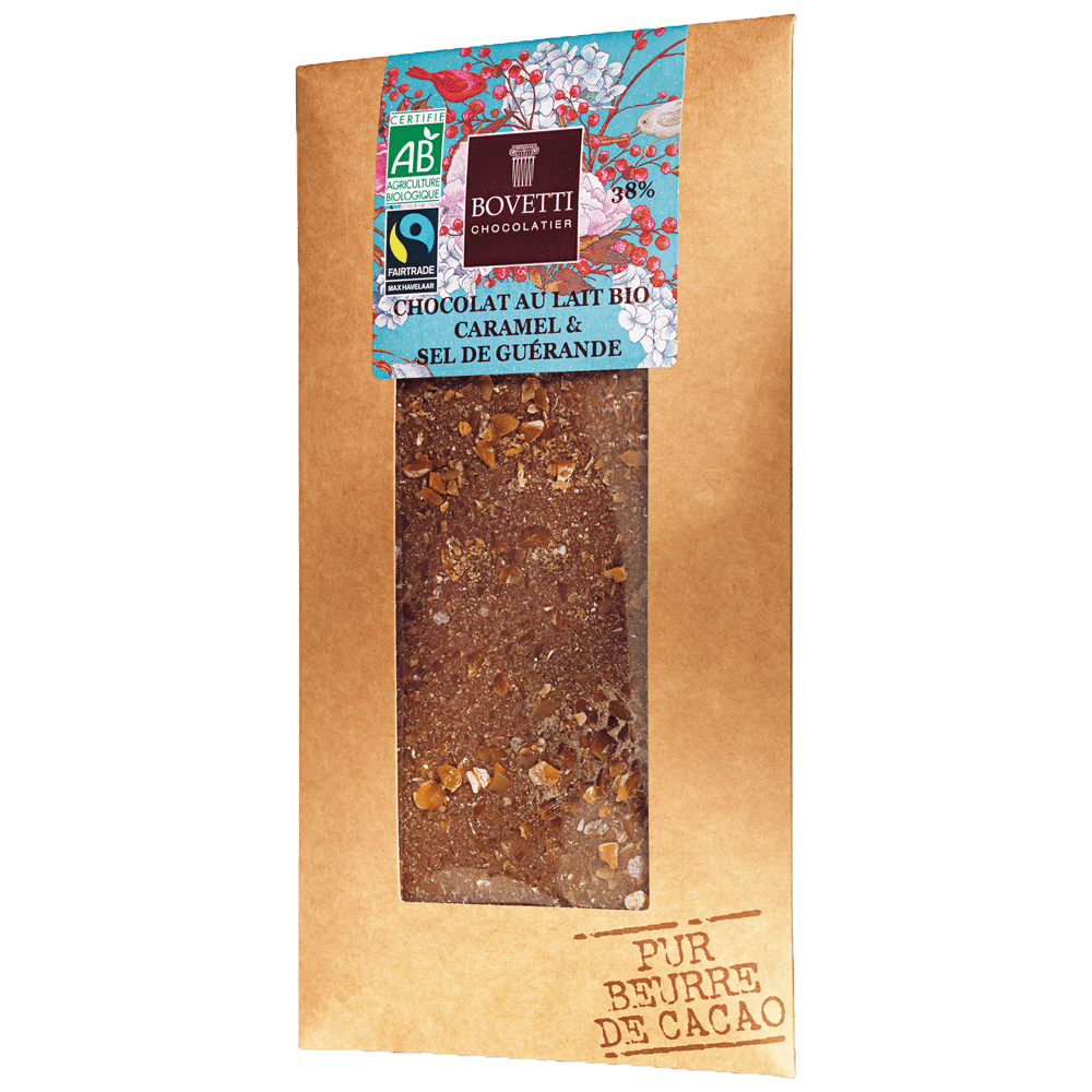 Bovetti Tablette chocolat lait Caramel fleur de sel BIO 100g Cafés Querry