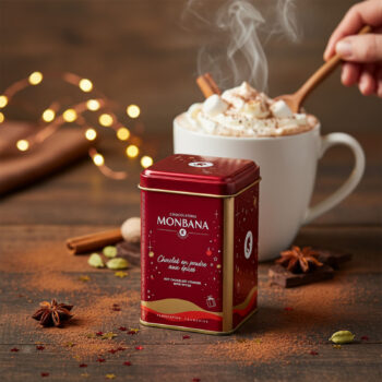 Boîte métallique rouge Monbana avec inscriptions dorées "Chocolat en poudre aux épices" et un mug de chocolat chaud fumant garni de crème et de marshmallows en arrière-plan.