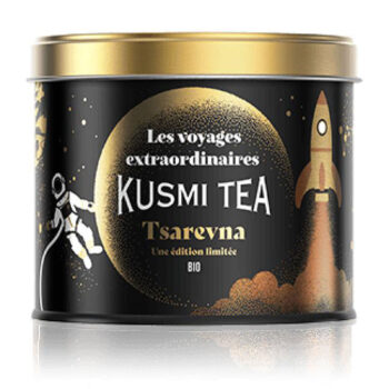 Boîte métallique collector Kusmi Tea Tsarevna édition 2025 bio, design cosmique avec astronaute et fusée
