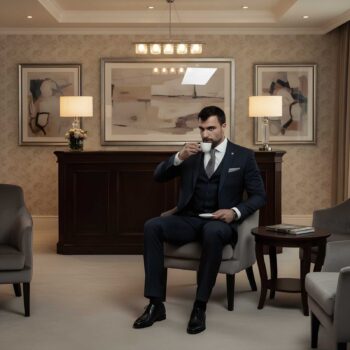 Un homme en costume bleu marine boit une tasse de café, assis dans un fauteuil dans un salon élégant, mettant en avant le café 'Le Gentleman BIO'