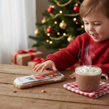 Enfant en pull rouge regardant un pain d'épices Père Noël LIPS et une tasse de chocolat chaud avec des marshmallows, sapin de Noël en arrière-plan