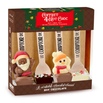 Coffret 4 cuillères en chocolat Le Comptoir de Mathilde Edition Noël avec figurines, emballage festif